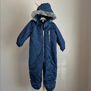 H&M Navy Blue Kids Hooded Snowsuit with Fur Trim Size 3-4Y